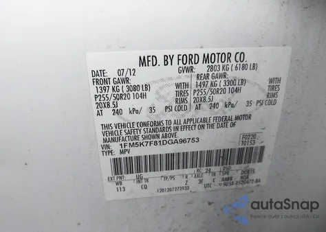 2013 Ford Explorer Limited из США, поврежденный, VIN 1FM5K7F81DGA96753